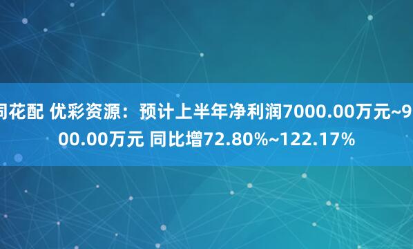 同花配 优彩资源：预计上半年净利润7000.00万元~9000.00万元 同比增72.80%~122.17%